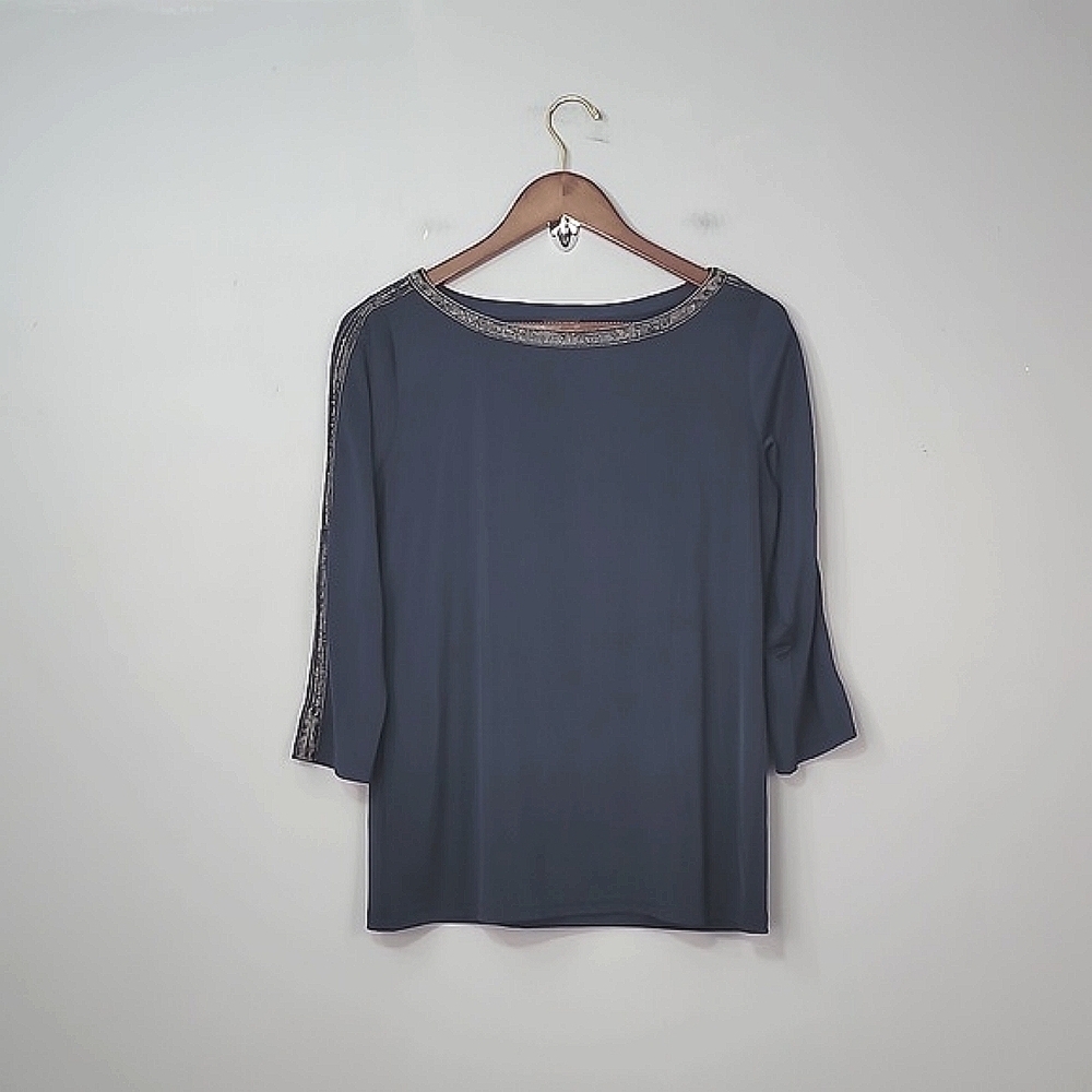 Ann Taylor Navy Quarter Sleeve Trim Stretch Shirt